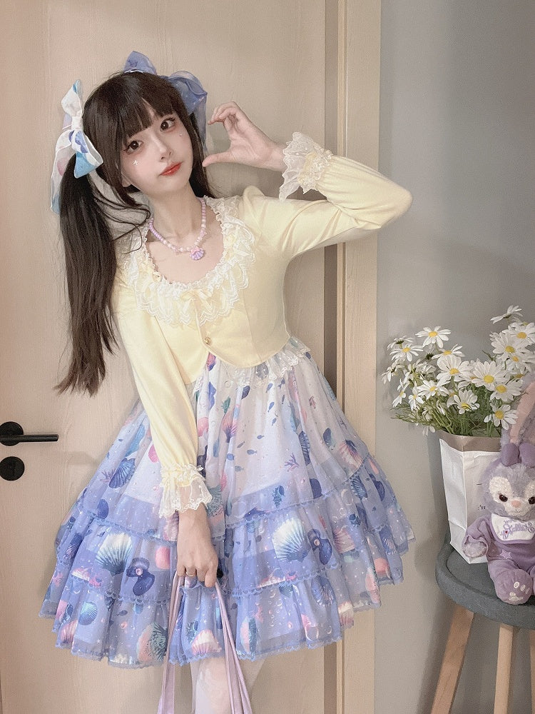 Light with Lace Edging Yellow Cropped Cardigan Triple Bow-Detailed Design