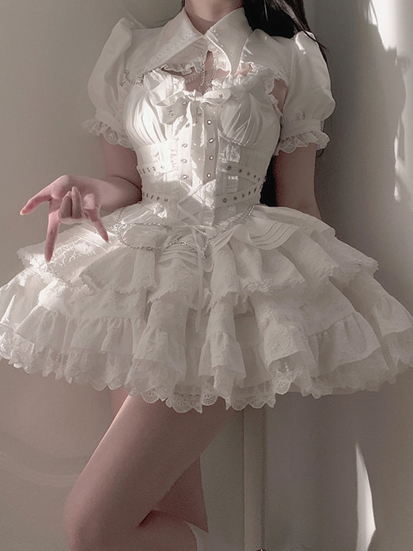 White Goth Short Jumper Skirt Adjustable Criss-cross Straps Waist