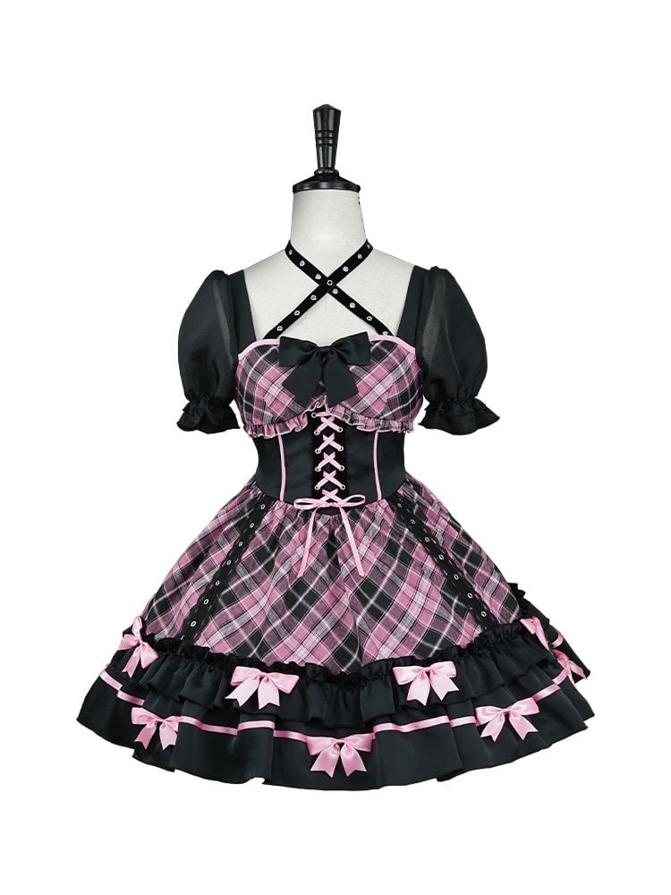 Neckholder-Kleid mit Schnürung und rosa Karomuster, einteilig, Idol-Kleid