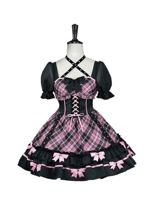 Neckholder-Kleid mit Schnürung und rosa Karomuster, einteilig, Idol-Kleid