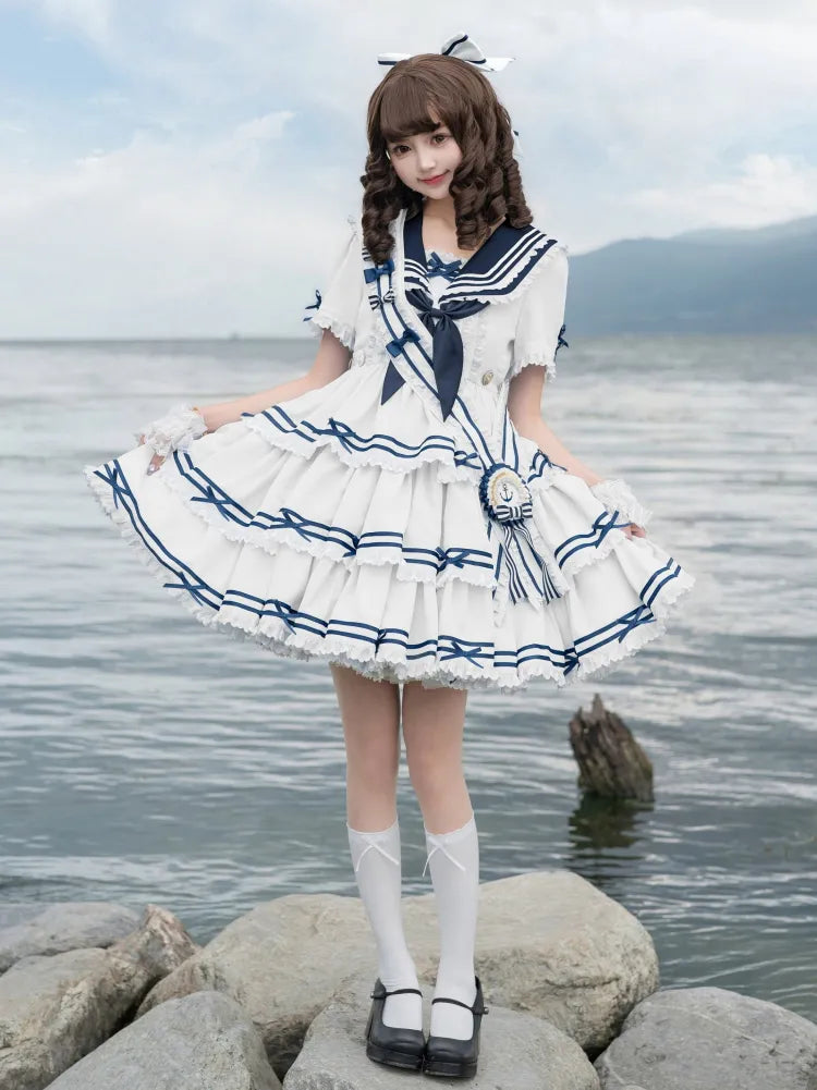 Full Sailor Lolita Skirt Set Summer Dress Tiered White OP