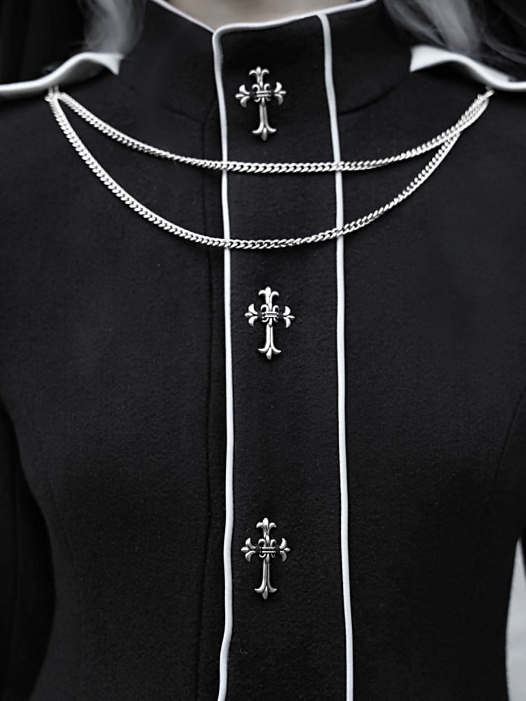 Schwarz-weißer Gothic-Wollmantel mit hohem Kragen