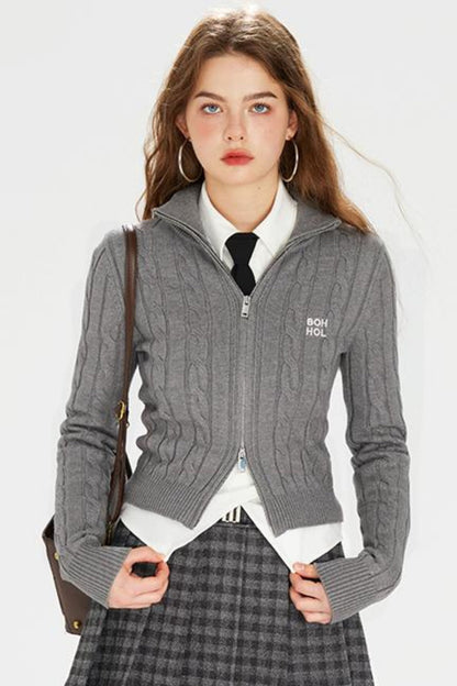 Zip Double College Embroidered Cardigan