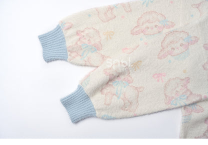Beige Cute Lamb Pattern Sweater with Scalloped Edge Trim