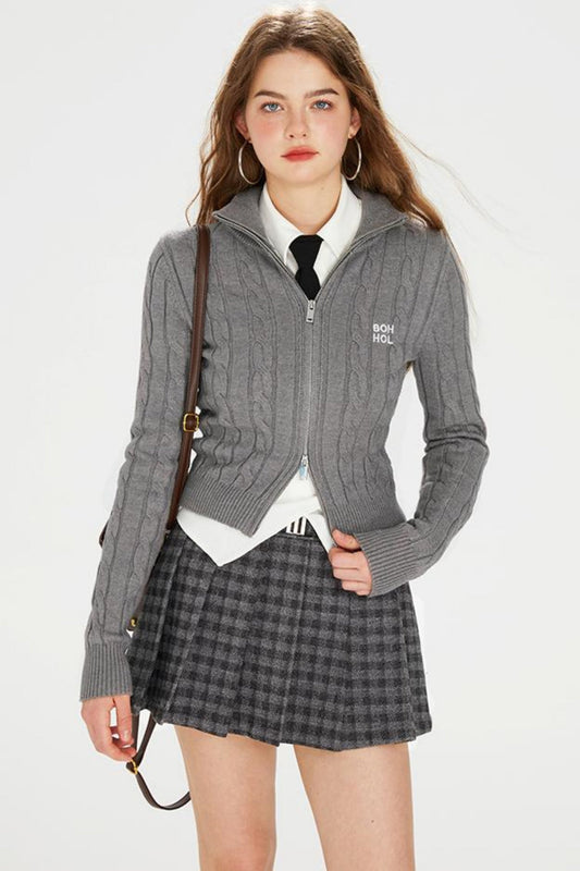 Zip Double College Embroidered Cardigan