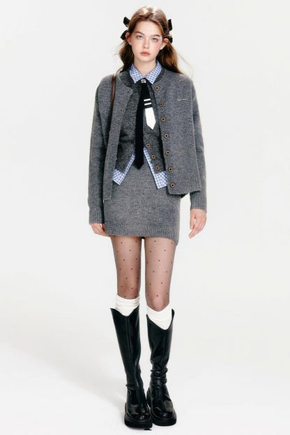 Vest Zip Knit + Skirt Chic Cardigan Tight