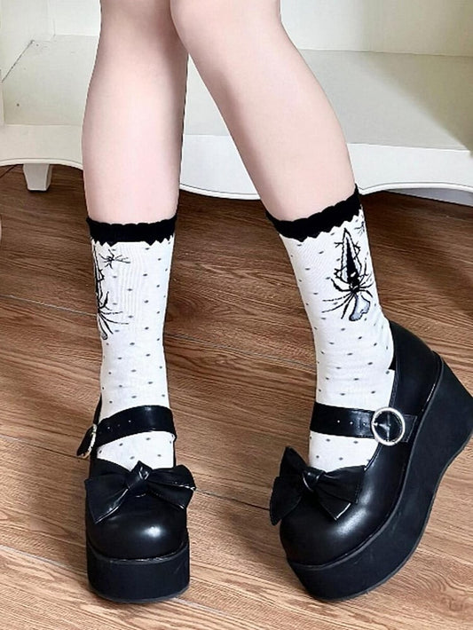 Polka-dot Sword Calf Black Pattern Spider Lolita Socks