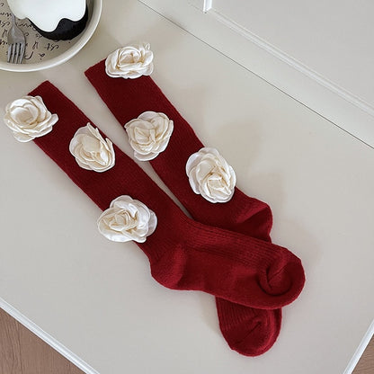 Red Sweet Calf Socks With White Camellias
