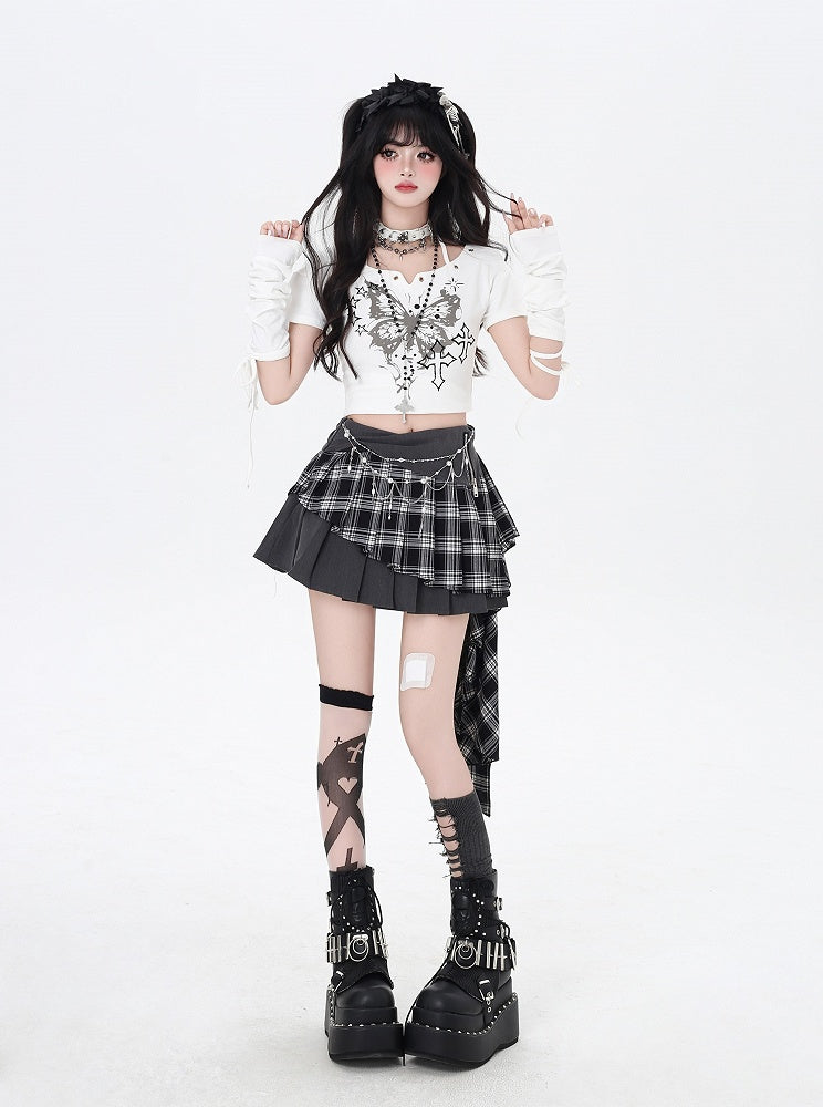 Hem Gray Plaid Asymmetrical Pleated Skirt