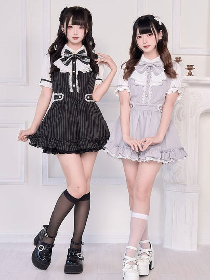 Two-Piece Jirai Tie Dress with Shorts Outfit: Adjustable and Striped Gray Kei Style Back
