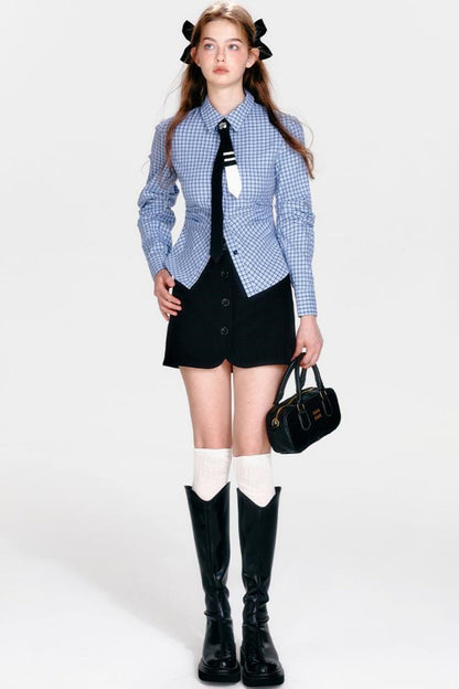 Shirt and Hip Cool Blue Check Skirt Mint Setup