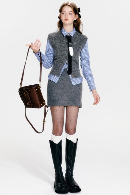 Vest Zip Knit + Skirt Chic Cardigan Tight