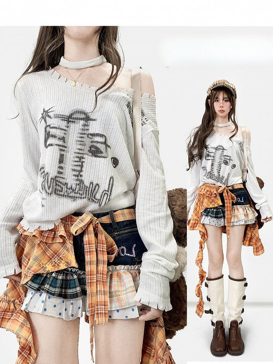 White Y2K Top Sleeves Design Asymmetrical Long Print Neckline +