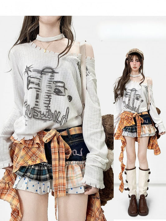 Neckline + Y2K Asymmetrical White Long Sleeves Design Print Top