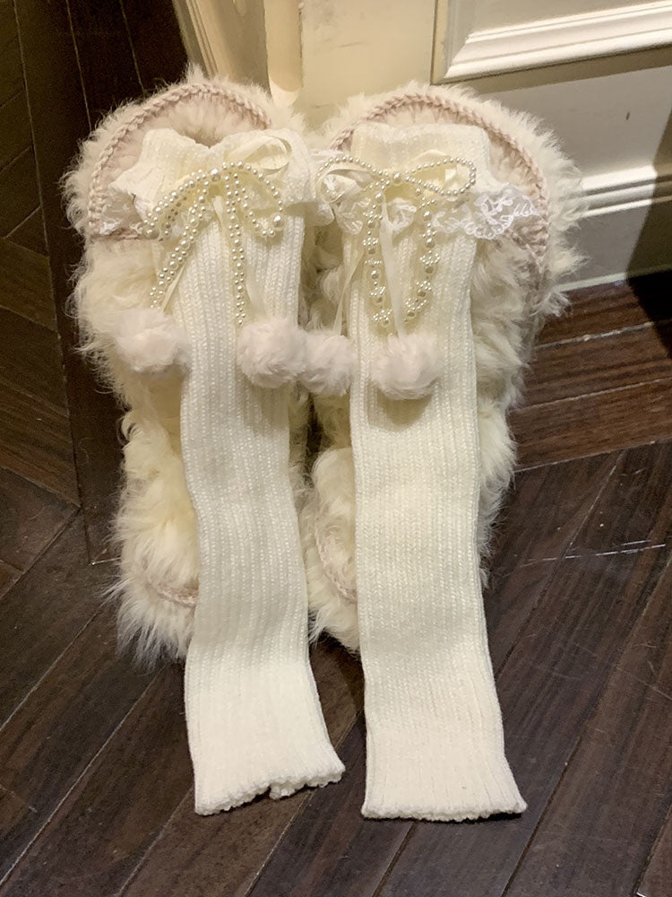 Black/Khaki/Milk White Bowknot Lace Trim Leg Warmers With Pompons
