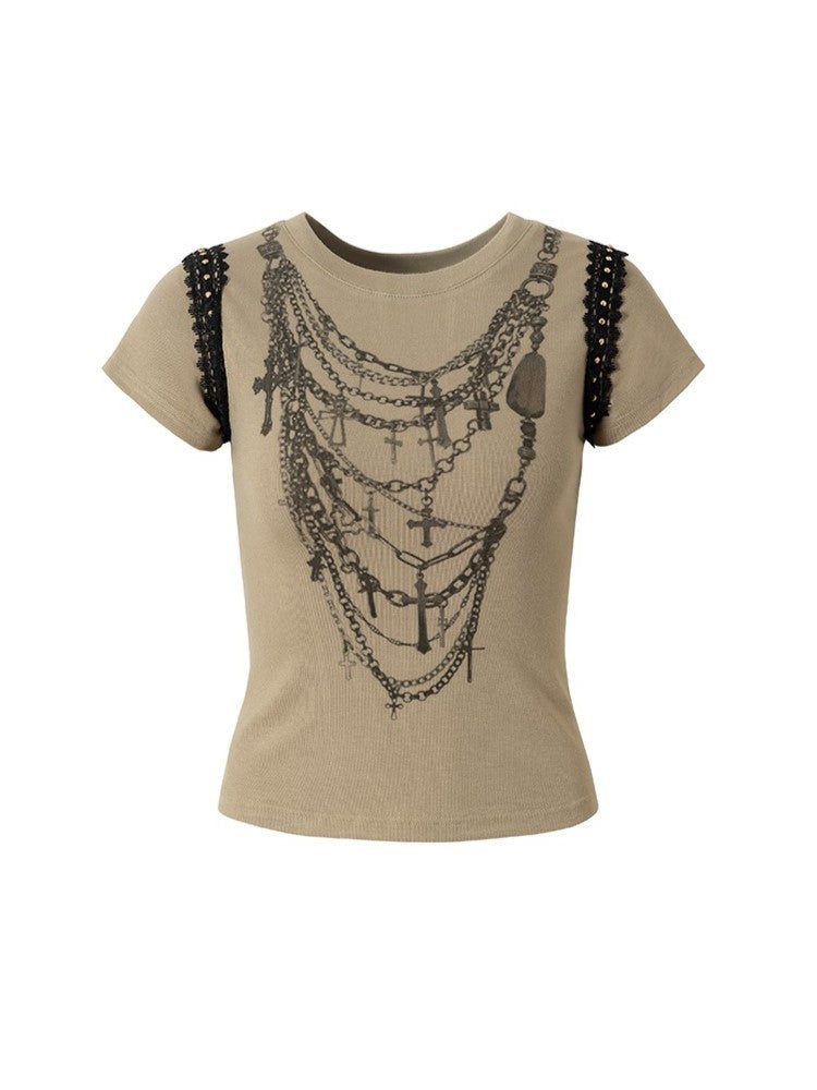 T-shirt Greyish with Cross Print Black Accents Punk Necklace Reversible Green Lace