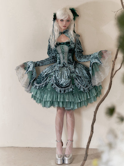 Green Gothic Lolita Velvet Tassel Knot Button Drawstring Skirt