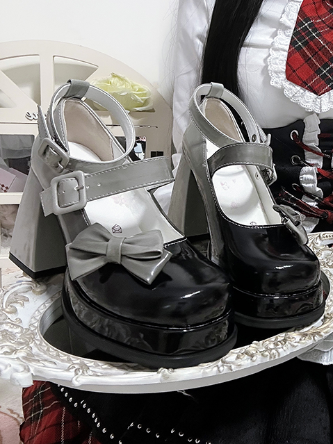 Gradient Black Detachable Bowknot Platform High Block Heels Lolita Shoes