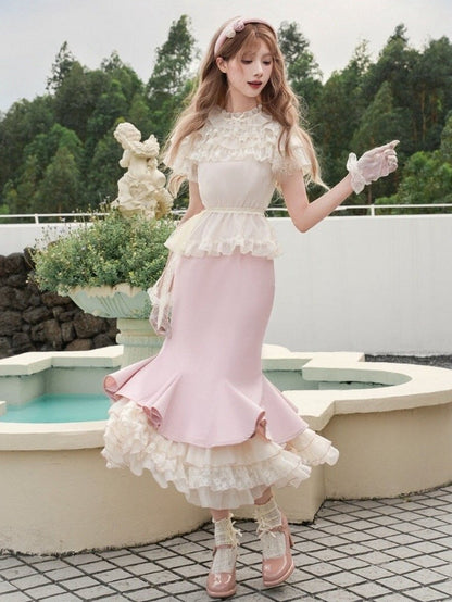 Elegant Three Pink Layers Hemline Mermaid Slip Dress Ruffle