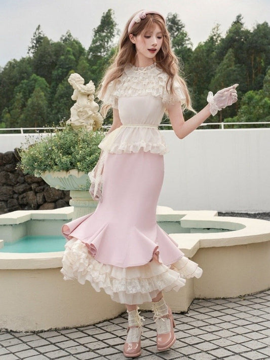 Blouse Ruffle Dress Tiered Mermaid Slip Hemline Beige + Pink