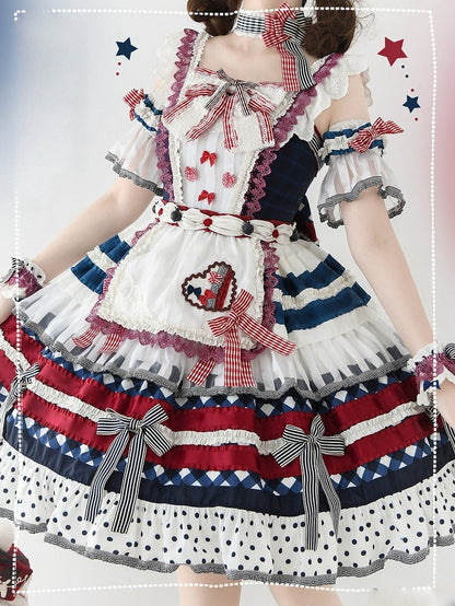 Lolita Red Bow Cake Accents Tiered and Blue Dress Dark Skirt Blueberry Sweet