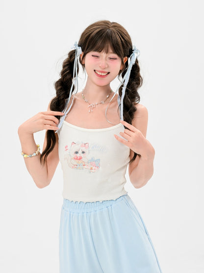 Hem White Scoop Neckline Cat Print Lettuce Cami Top