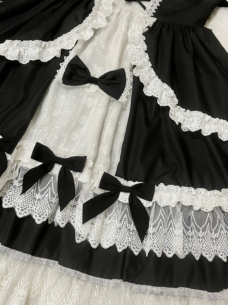 Black and White Old School Lolita Fashion Dress Bowknot Lolita JSK Set