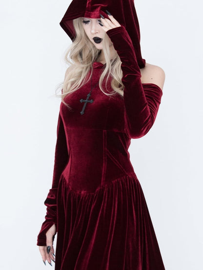 Dress Gothic Cutout Style Red Medieval Vampire with Shoulder Witch Velvet Hooded -