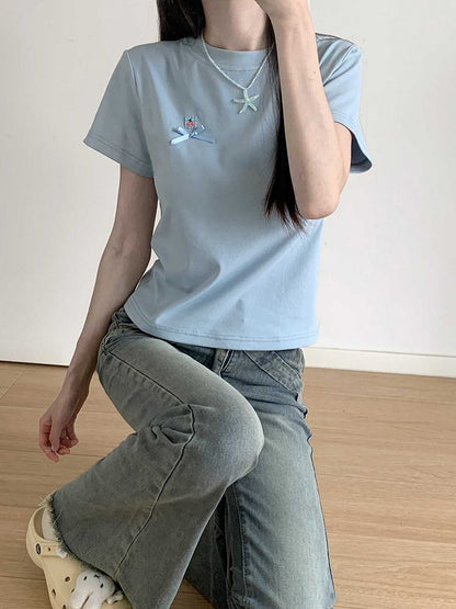 T-Shirt Round Neck Bowknot Detail Blue