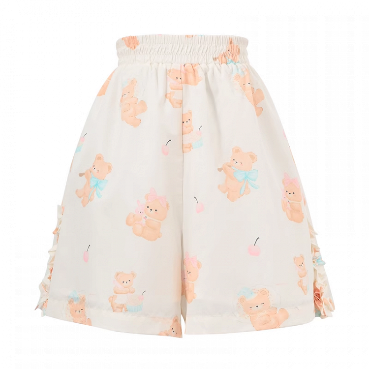 Shorts Light Yellow Elastic Waist Cute Bear Print Casual
