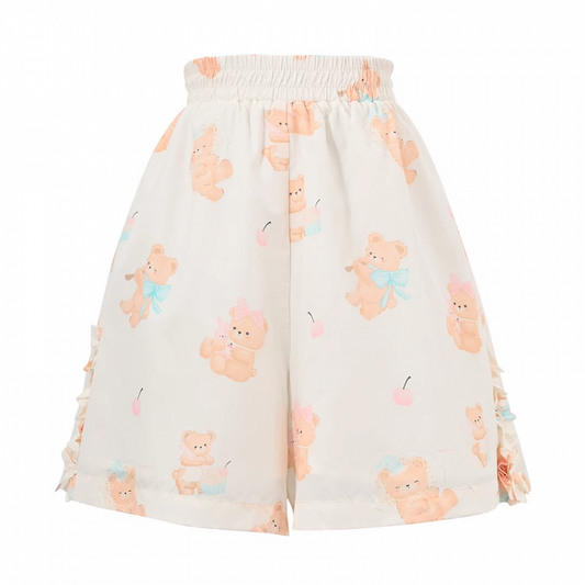 Shorts Light Yellow Elastic Waist Cute Bear Print Casual