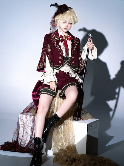 Tenue Lolita Gryffondor Ouji rouge : chemise à manches longues + manteau queue d'hirondelle rouge + short coupe droite
