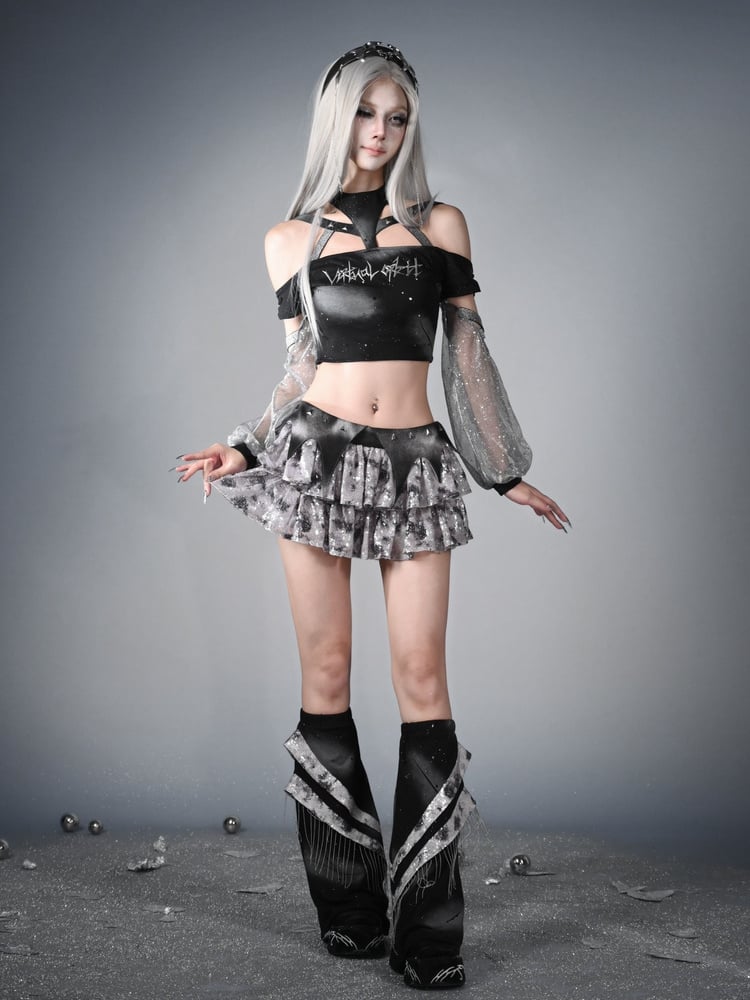 Futuristic Black Halter Neck Fashion Cyberpunk Top with Detachable Sleeves Y3K Cropped