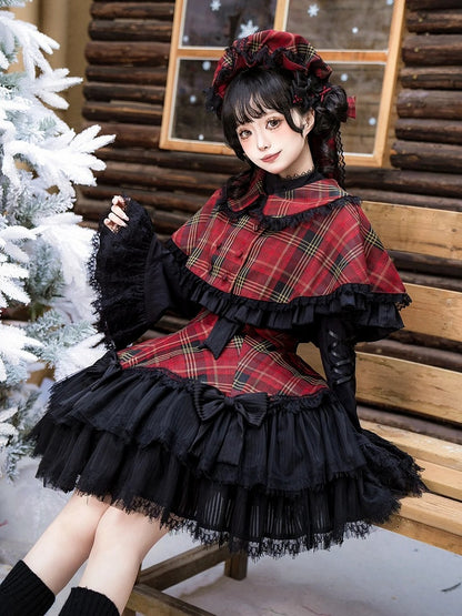 Red Plaid Pattern Rounded Flat Collar Cape