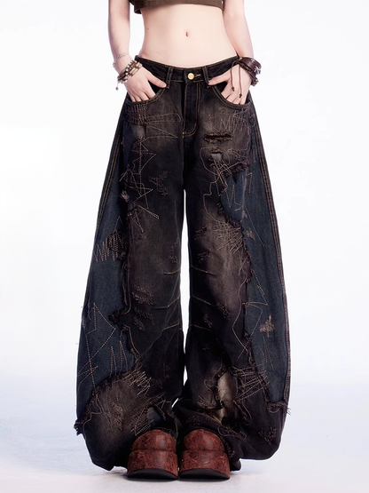 Raw Black Low Hem Rise Distressed Holes Wide-leg Jeans