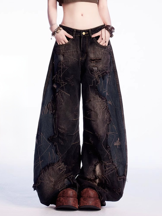 Raw Black Low Hem Rise Distressed Holes Wide-leg Jeans