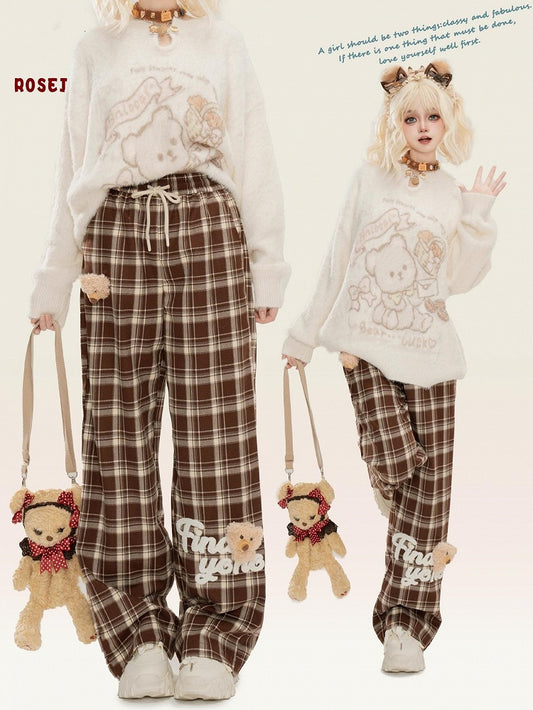 Cute Bear Adorned Camel Plaid Straight-leg Cut Pants