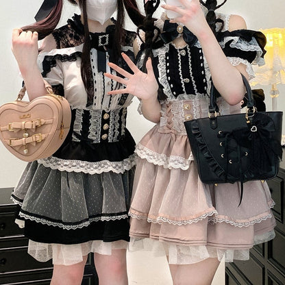 ウエスト スイートハートボタントリム ハイレース ブラック/ピンク/ブルー