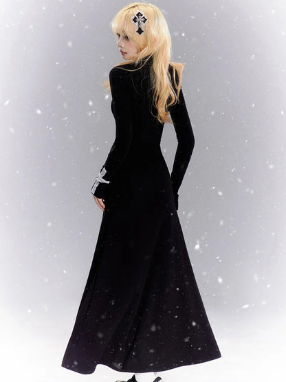 Black Lace Crosses Mock Neck Knit Maxi Dress