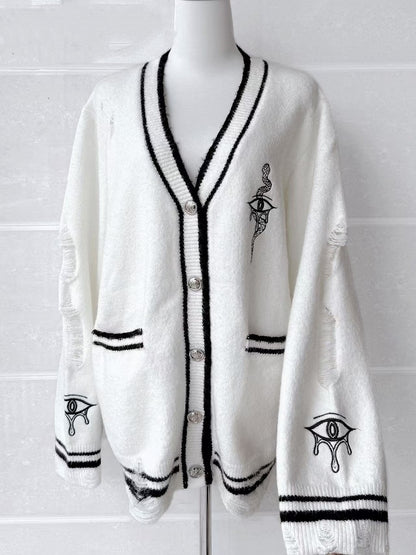with Eye and Snake Embroidery Distressed Holes Knit Cardigan White