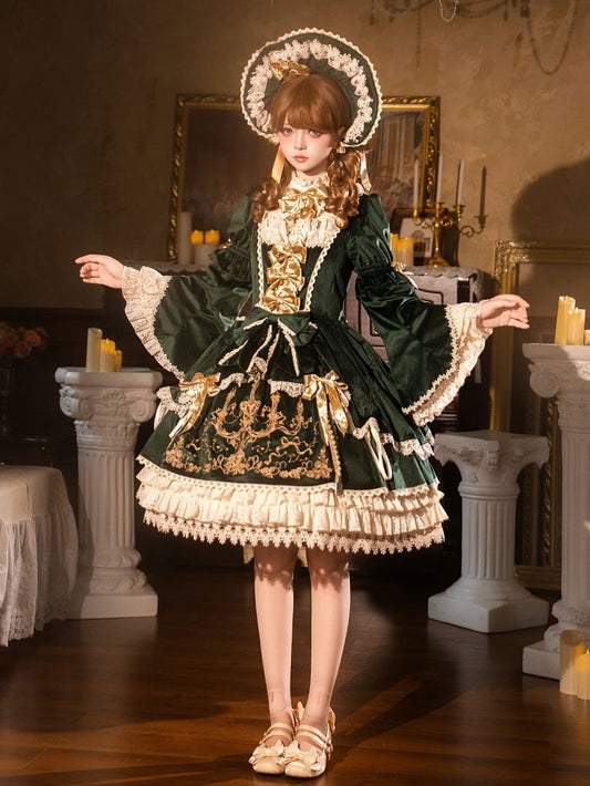 Candlestick and Embroidery Bell Dress Sleeves Green Candle Velvet