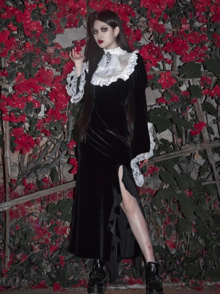 Gothic Medieval Vampire Lace Velvet Long Mermaid Dress