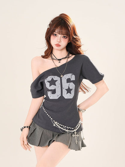 Blue Black/Dusty Asymmetrical Neckline Number Print T-Shirt