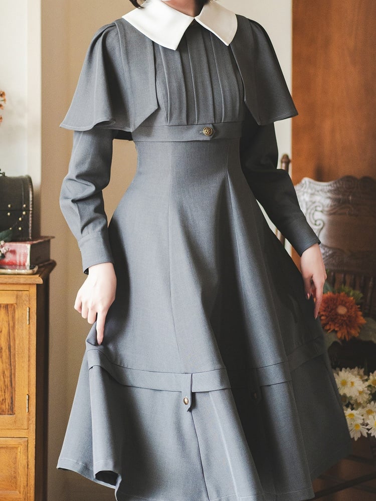 Gray Detachable Cape Elegant Retro Slimming Dress