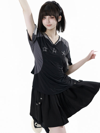 Long/Short Version Black Elastic Waist Star Studs Skirt