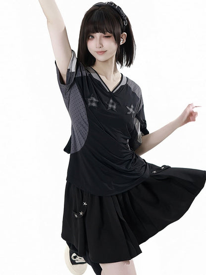 T-shirt Star Appliques V-neck Sports Colorblock Design Plaid Black/Gray