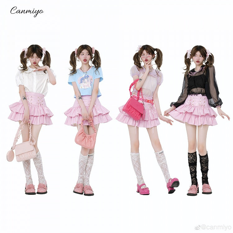 Leather PU Skirt High Pink Waist Tiered