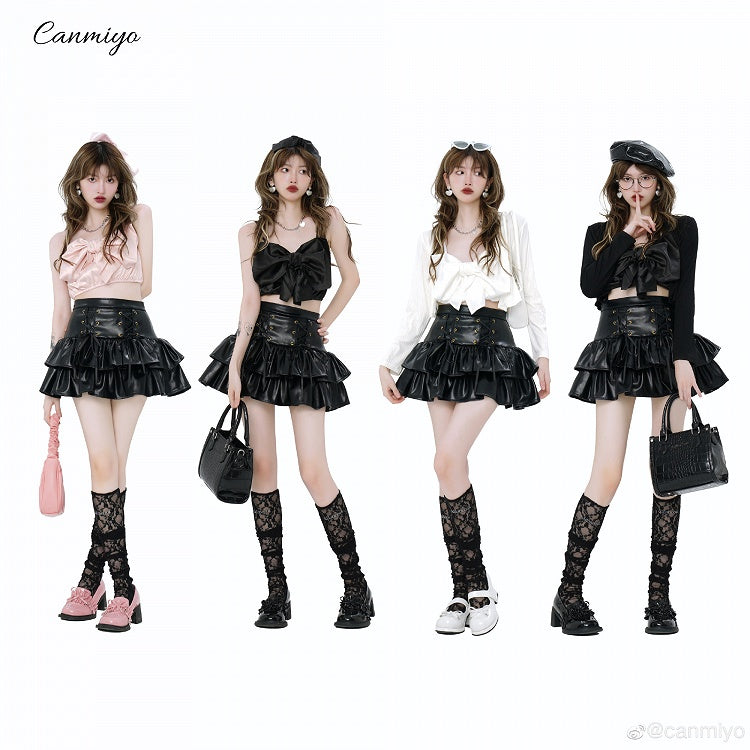 High Waist PU Leather Tiered Black Skirt