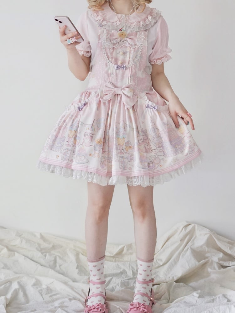 Robe salopette à capuche amovible Sweet Lolita rose licorne et dessert