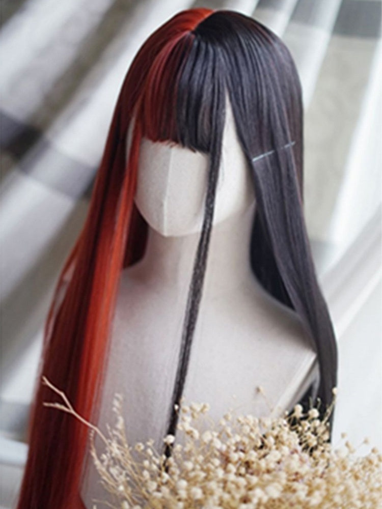 Red&Black Split Color Waist Length Straight Wig With Full Bangs